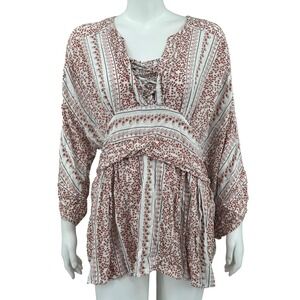 Suzanne Betro Top Womens 1X Red White Floral Boho Peasant Cottagecore Spring